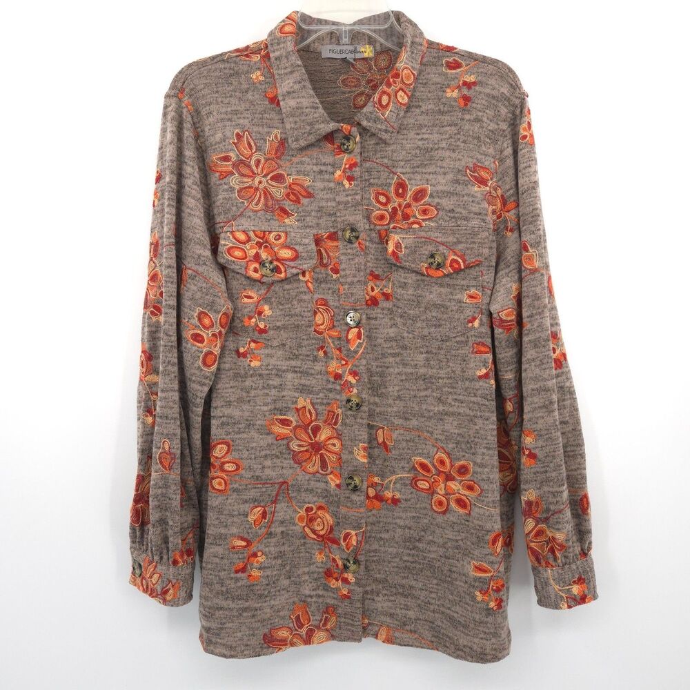 Figueroa & Flower embroiderd flannel button up top‎ Size L floral brown orange